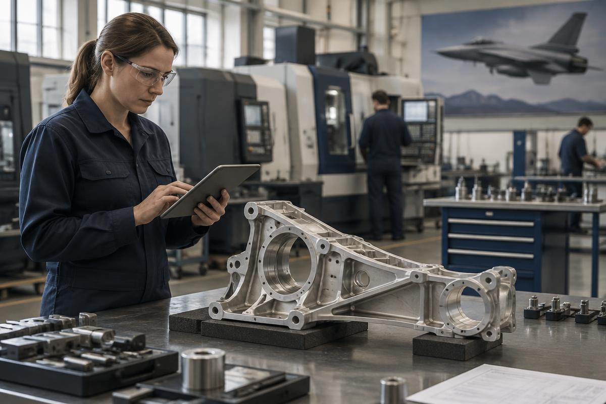 An engineer reviewing a compliance checklist in a precision machining shop